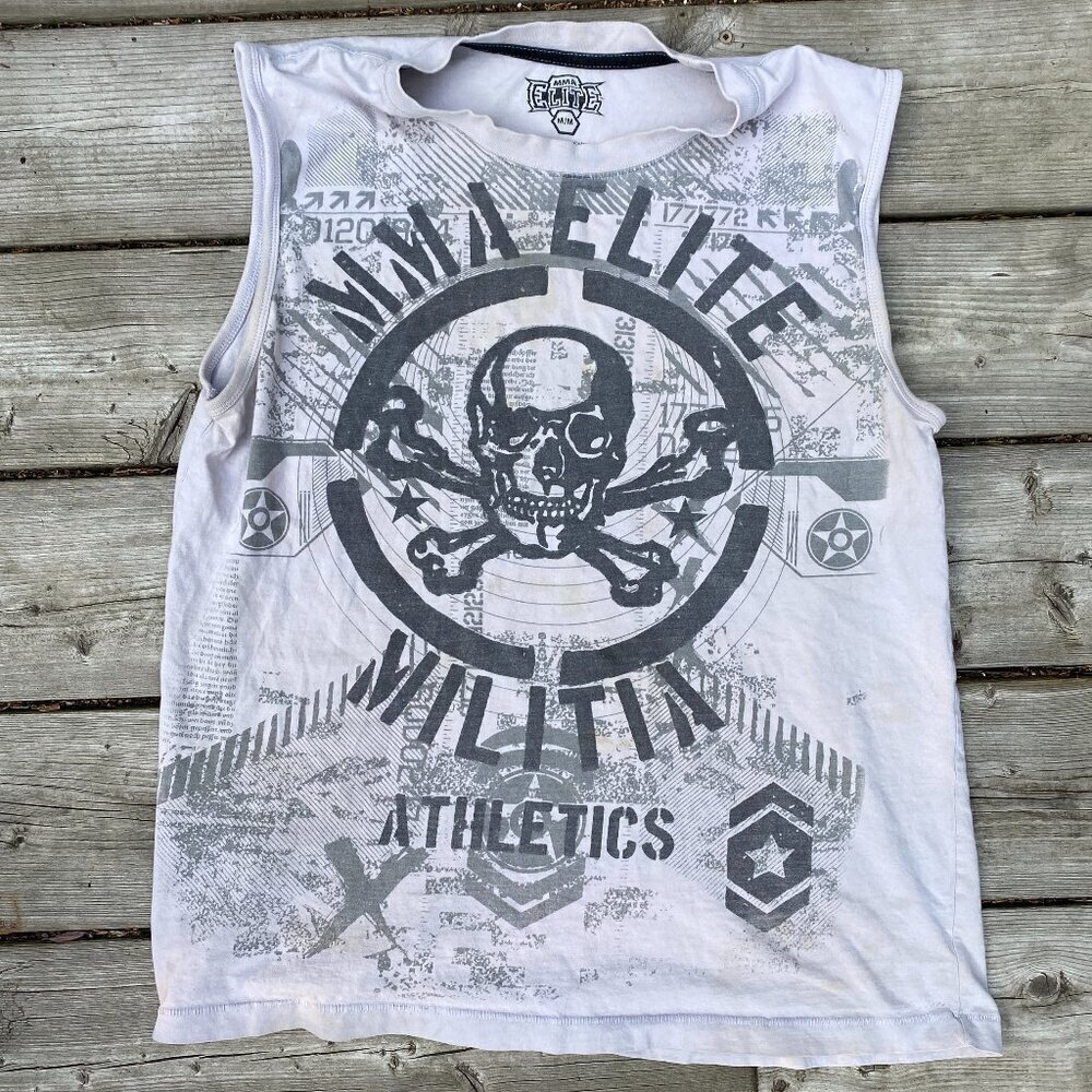 Vintage Y2K MMA Elite Graphic T Shirt Skull Medium White